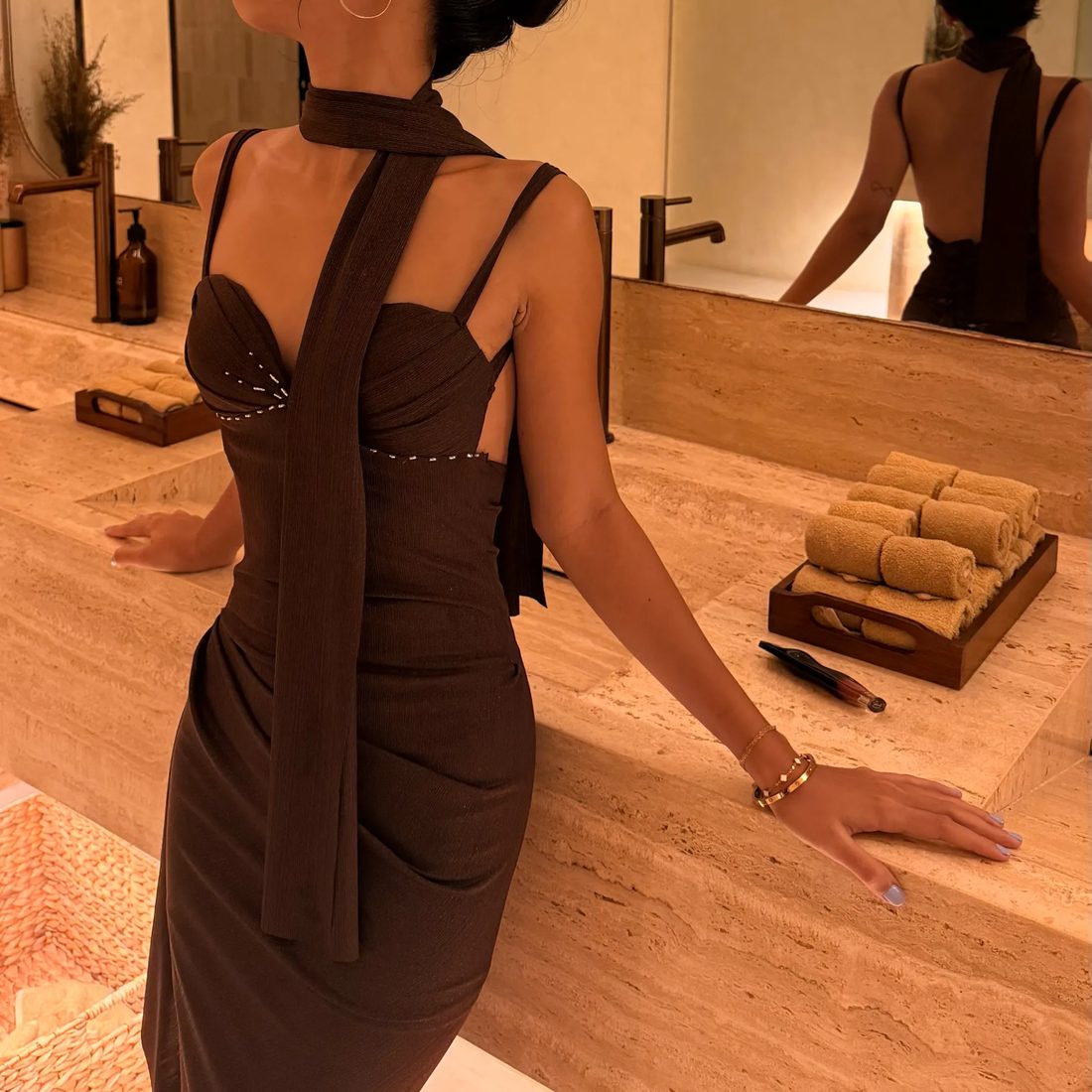 After: the finished brown dress with beaded bodice and neck scarf