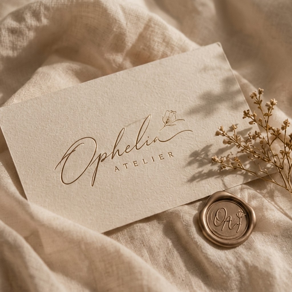 Ophelia Atelier card with an OA wax seal and dried flowers on linen