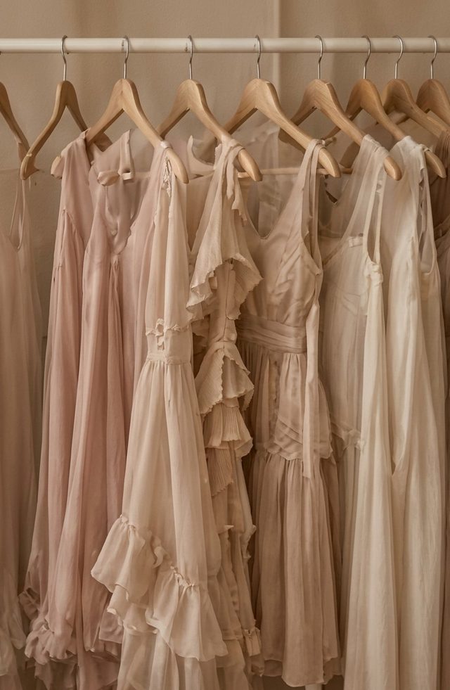 A rail of blush and ivory chiffon dresses