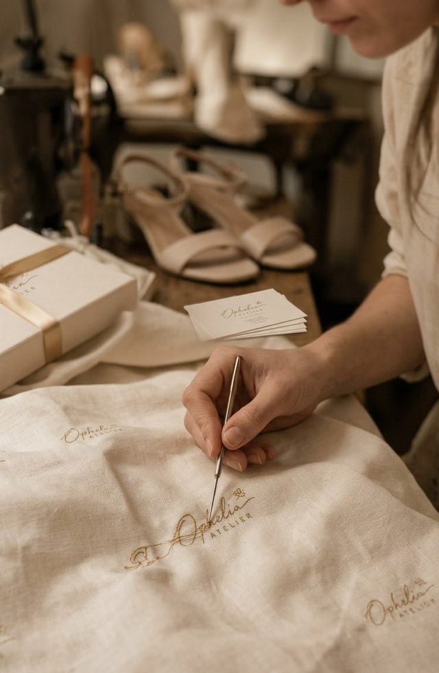 Hand-embroidering the Ophelia Atelier logo onto linen in the atelier